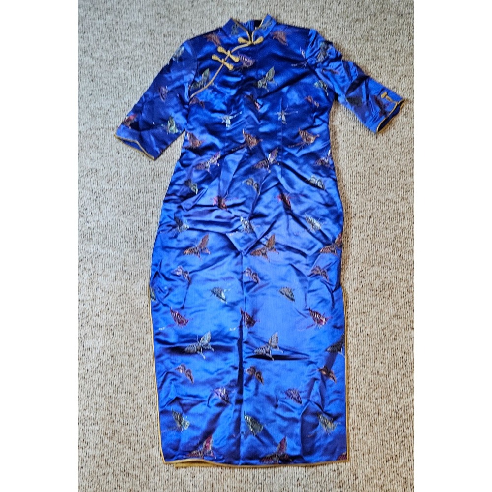 Blue Satin Butterfly Embroidered Cheongsam Qipao Maxi Dress Mandarin Collar - Picture 3 of 16